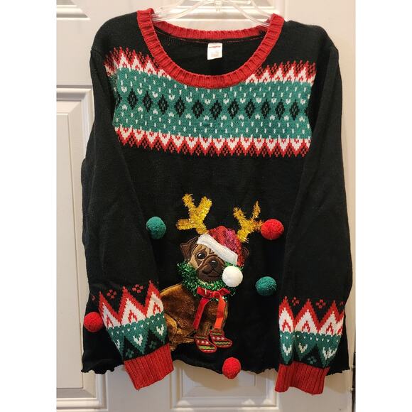 Womens Black Santa Claus Puppy Dog  Holiday Christmas Sweater - Picture 4 of 6